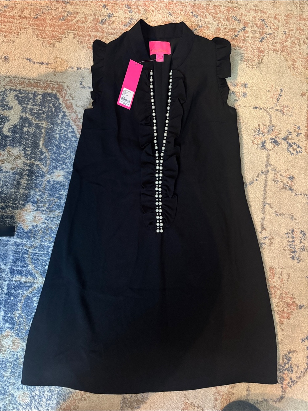 Black Ruffle Front Sheath Dress with Pearl Trim